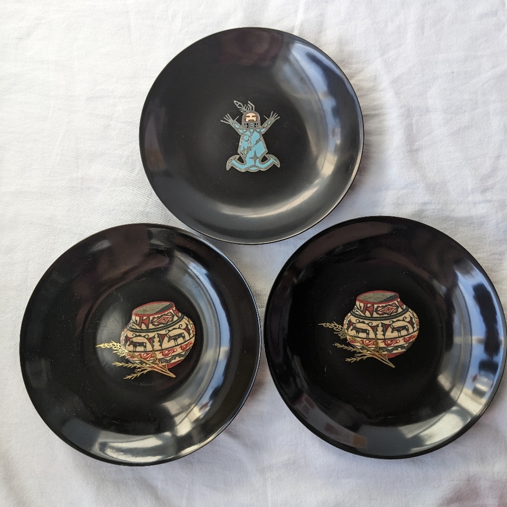 Vintage Couroc Monterey Southwest Theme Inlaid MCM Black Bowls - 3